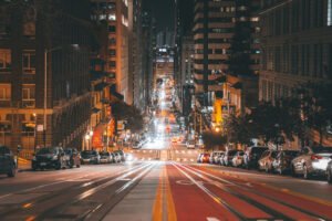 San Francisco California Street with Bay Bridge in background